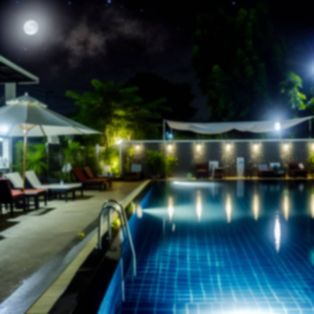Área de lazer com piscina e iluminação noturna