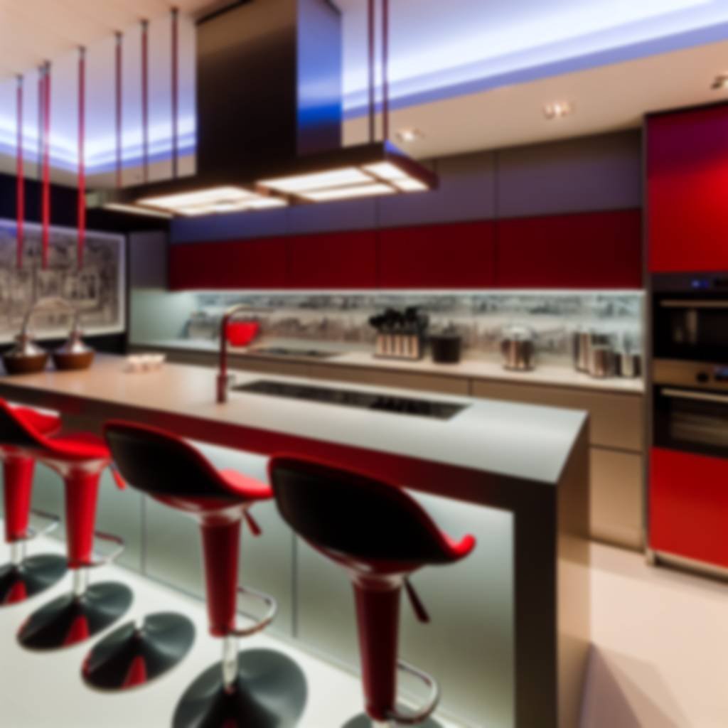 Cozinha moderna com cadeiras vermelhas